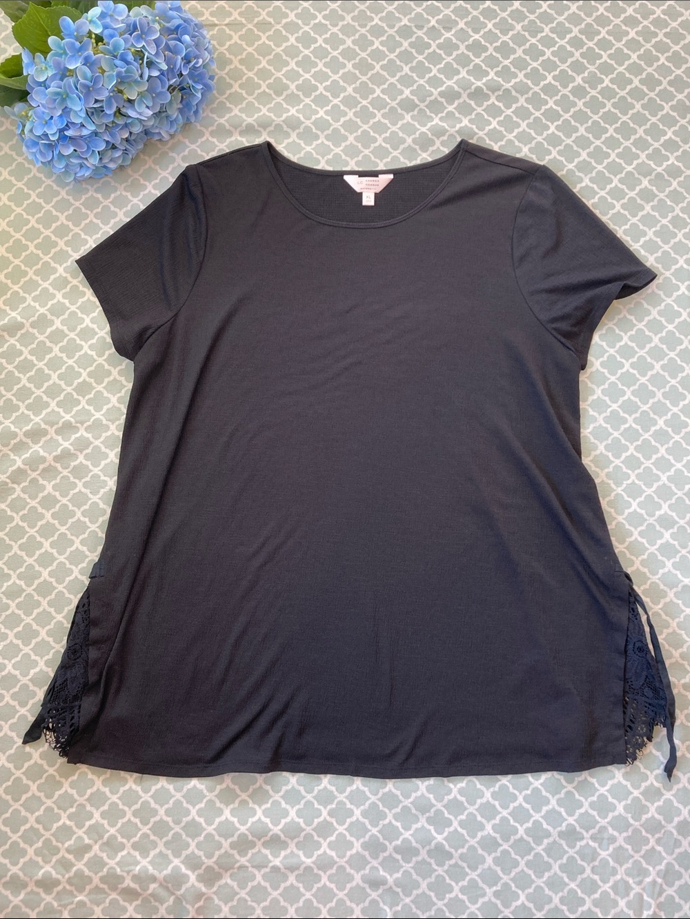 LC Lauren Conrad Black Lace Inset Bow Short Sleeve Maternity Blouse XL